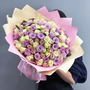 Букет из 101 розы пастельный микс и роз Меритим (40 см) в Чехове