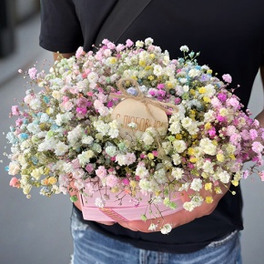 Композиция в коробке сердца из радужных гипсофил с топпером в Чехове