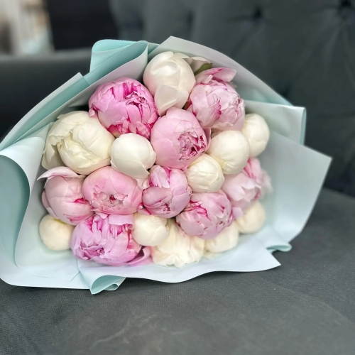 Микс из 19 бело-розовых пионов в Чехове